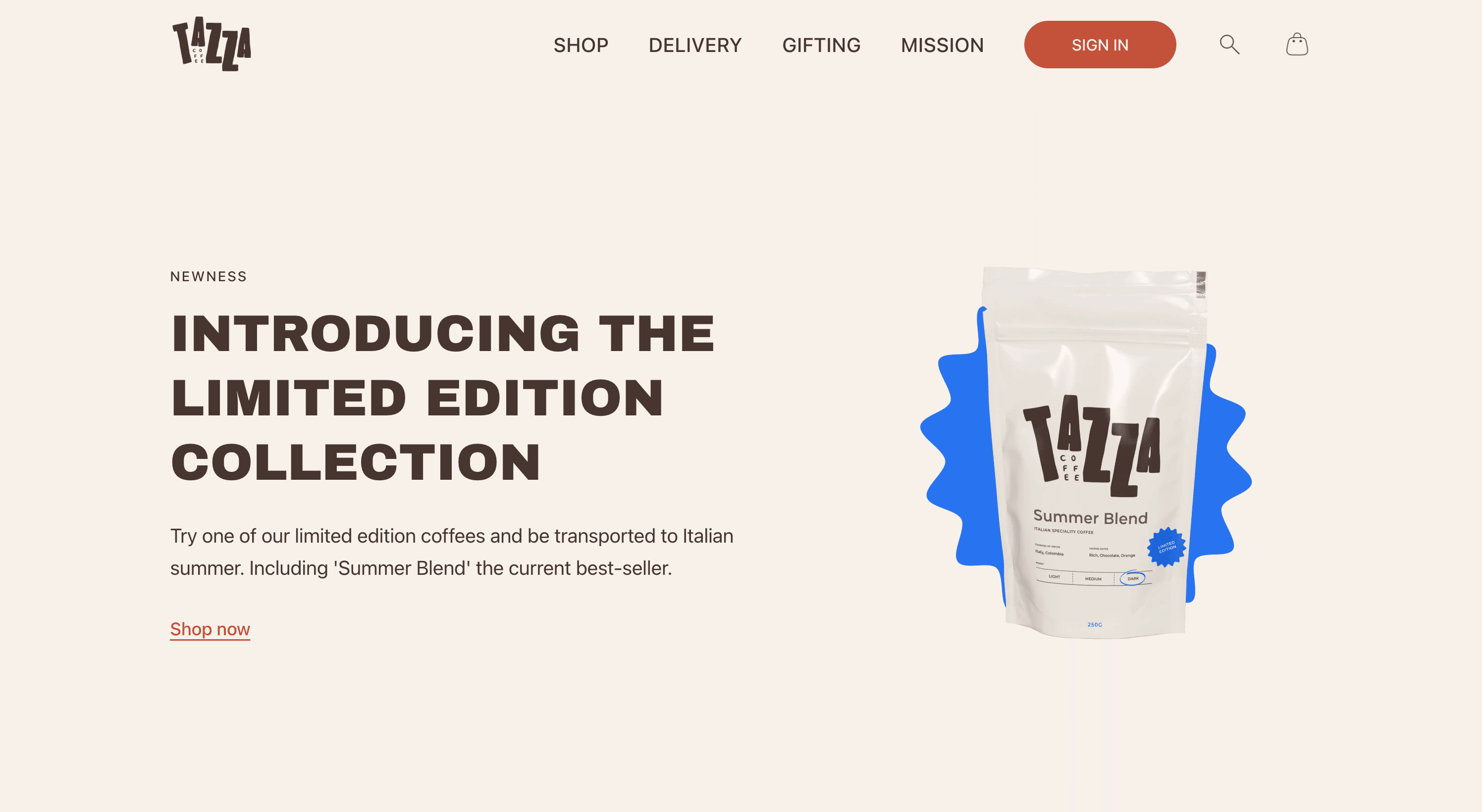 Tazza Coffee concept site, homepage, desktop